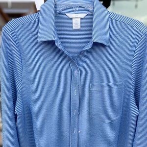 Summer blouse with tie detail at hem; women’s size 6, white/blue stripe, H&M